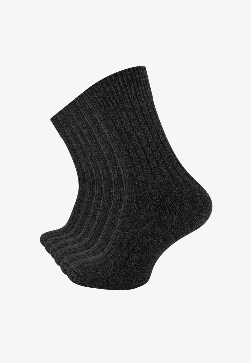 Un paio di calzini a coste grigi scuri esposti affiancati su uno sfondo bianco.