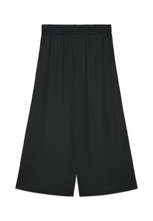 Pantaloni neri a gamba larga, taglio corto, con elastico in vita e tasche laterali, realizzati in tessuto leggero.