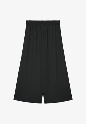 Pantaloni neri a gamba larga, taglio corto, con elastico in vita e tasche laterali, realizzati in tessuto leggero.