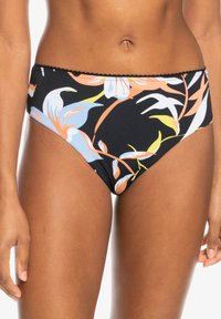 Black swim bottom with floral print in pink, blue, and yellow. Features a lace trim at the waist and a classic high-cut design.