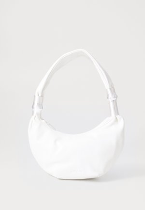 White crescent-shaped handbag with clear tubular accents on the padded handle and a top zipper closure.