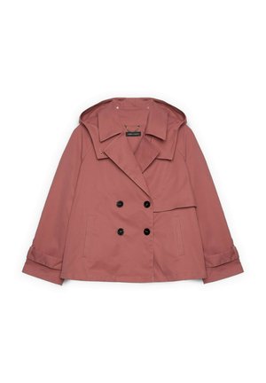 Chaqueta de doble botonadura color malva con solapas anchas, dos bolsillos delanteros, puños con botones y capucha incorporada, extendida sobre un fondo blanco.