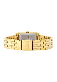 Reloj de pulsera de metal dorado con caja rectangular y esfera plateada. Presenta un diseño de pulsera de eslabones y un cierre con el logotipo de "Lotus".