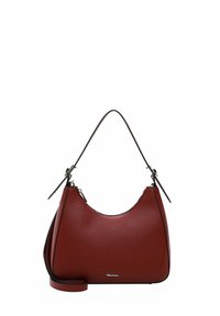 Borsa hobo realizzata in pelle testurizzata color bordeaux con una forma curva. Presenta una sottile tracolla nera e un logo discreto sul frontale.
