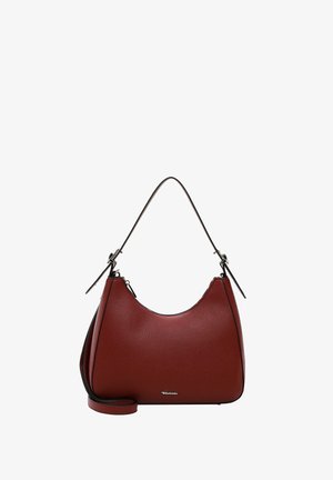 Hobo bag made of textured burgundy leather with a curved shape. Features a thin black shoulder strap and a subtle logo at the front.