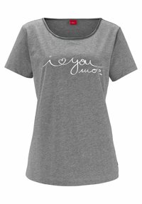 Gray short-sleeve t-shirt made of cotton. Features a rounded neckline and white text saying "I love you more" in a handwritten style.