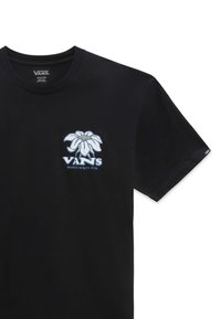 Černé bavlněné tričko s krátkým rukávem, s bílou a světle modrou květinovou grafikou a logem "VANS" na levé části hrudi.