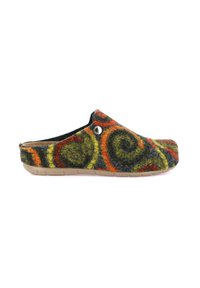 Zoccoli in feltro di lana con un motivo a spirale verde, arancione e nero, con punte arrotondate e una leggera suola in gomma. Include un pulsante in accento argento.