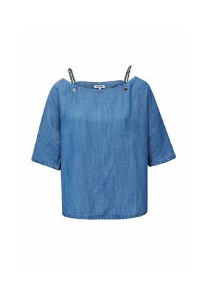 Blouse en denim bleu à manches courtes avec bretelles épaules tressées en chaîne et un large décolleté, étiquetée "Salsa Jeans" taille M.