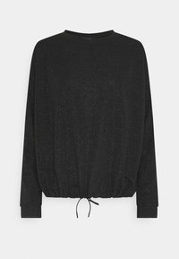 Svart långärmad skjorta med rund halsringning, elastisk midja och knyt-detalj. Tyget har en subtil lyster och mjuk textur.