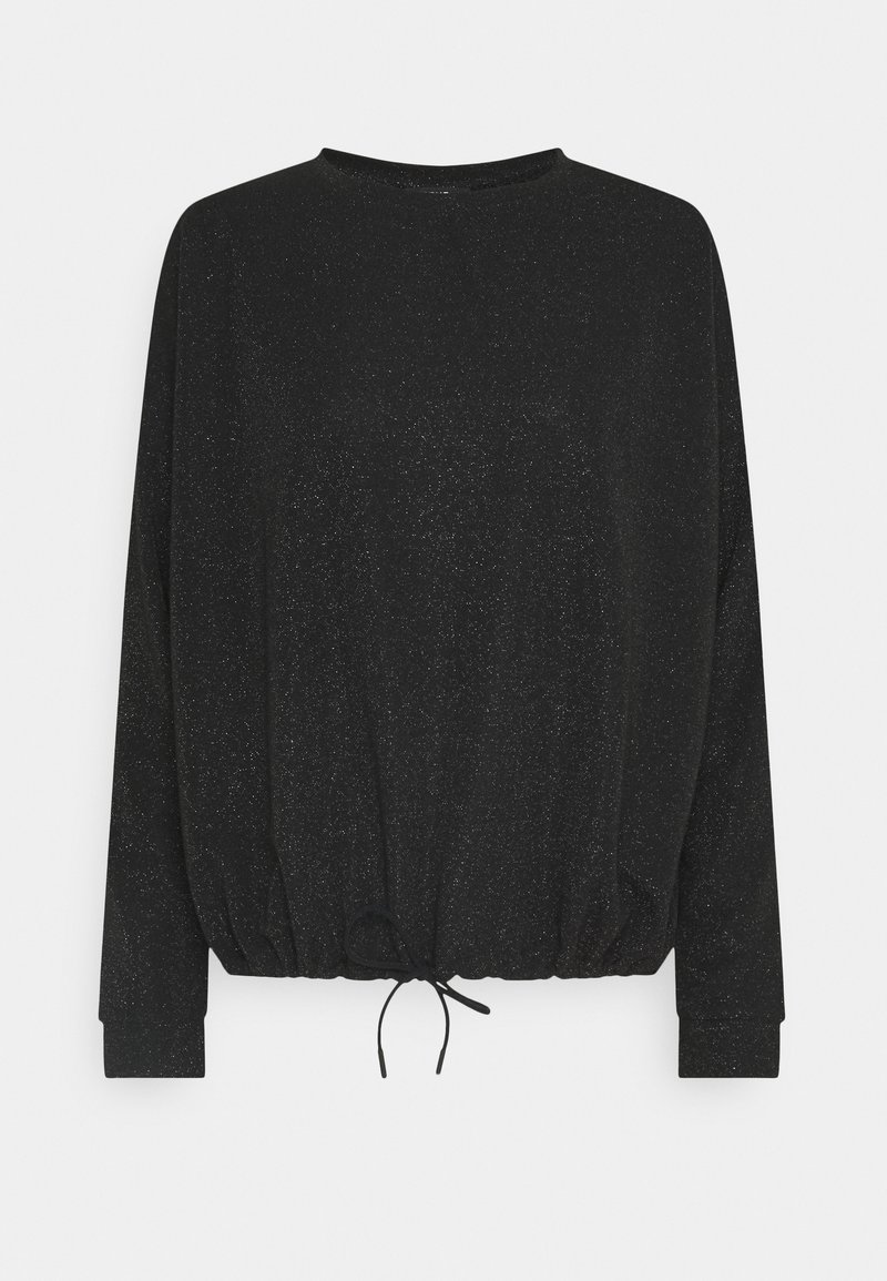 Svart långärmad skjorta med rund halsringning, elastisk midja och knyt-detalj. Tyget har en subtil lyster och mjuk textur.