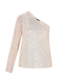 Ein ärmelloses Top mit Pailletten in hellbeige, das ein strukturiertes Design mit funkelnden Akzenten und einem langen Ärmel auf einer Seite aufweist.