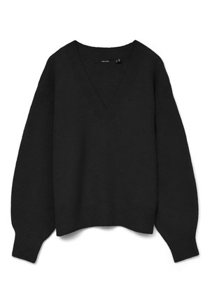 Mustast kootud kampsun sügava V-kaelusega, langevate õlgade ja soonikkoes varrukate ning äärega. Pehme tekstuur ja oversize istuvus. Mustreid ei ole nähtaval.