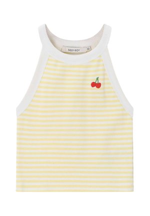 Top court sans manches rayé jaune et blanc avec bordure blanche et petite broderie cerise rouge en haut à gauche.