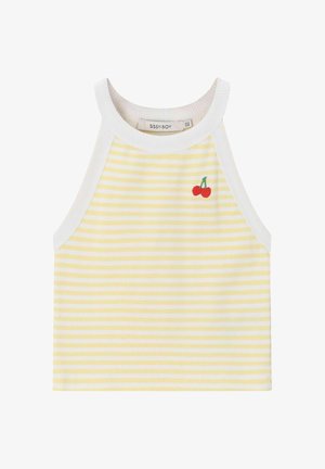 Top court sans manches rayé jaune et blanc avec bordure blanche et petite broderie cerise rouge en haut à gauche.