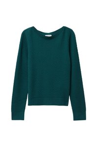 Pull en teal avec une texture en nid d'abeille, col rond, poignets et ourlet côtelés, coupe régulière. Fabriqué à partir d'un matériau tricoté doux.