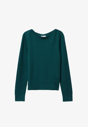 Pull en teal avec une texture en nid d'abeille, col rond, poignets et ourlet côtelés, coupe régulière. Fabriqué à partir d'un matériau tricoté doux.