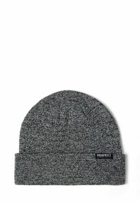 Beanie grigia lavorata a maglia con risvolto, realizzata in materiale morbido e testurizzato. Presenta un piccolo etichetta nera con la scritta "RESPECT" sul lato.
