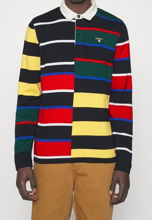 Polo z długim rękawem w paski, z niebieskim, czerwonym, zielonym, czarnym i żółtym kolorem. Wykonany z bawełny z kontrastującym białym kołnierzykiem.