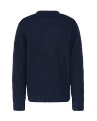 Marineblauer Strickpullover mit Rundhalsausschnitt, strukturierter Musterung, gerippten Bündchen und Saum, einem lockeren Schnitt und langen Ärmeln.