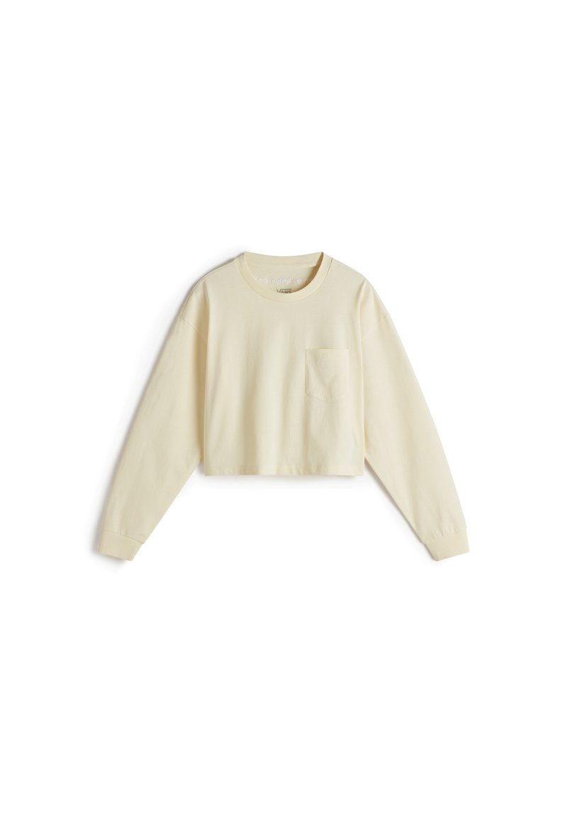 Gekürzter Langarm-Sweatshirt aus hellem, gelbem Baumwollstoff, mit Rundhalsausschnitt und einer einzigen Brusttasche vorne. Minimalistisches Design.