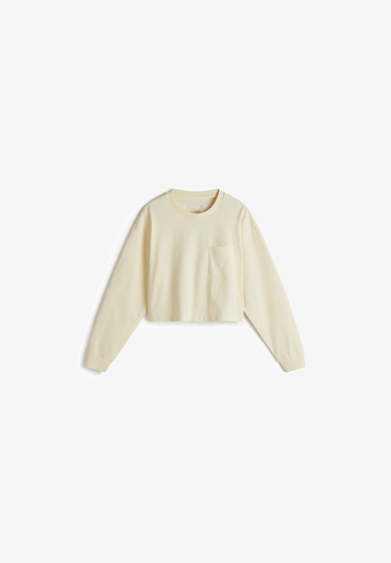 Cropped long-sleeve sweatshirt in pale yellow cotton, featuring a round neckline and a single front chest pocket. Minimalist design.