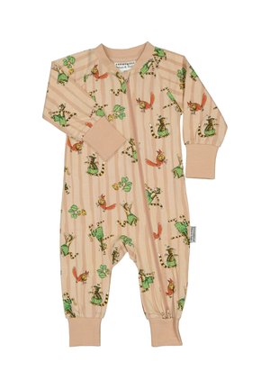 Baby beige stribet heldragt med grønt og orange dyretryk, lange ærmer, manchetter ved håndled og ankler og lynlås foran.