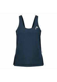 Top atletico senza maniche di colore blu navy con scollo tondo, piccolo logo bianco sul petto e spacchi laterali all'orlo.