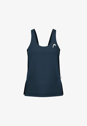 Navy blue sleeveless athletic tank top with scoop neckline, small white logo on chest, and side slits at hem.