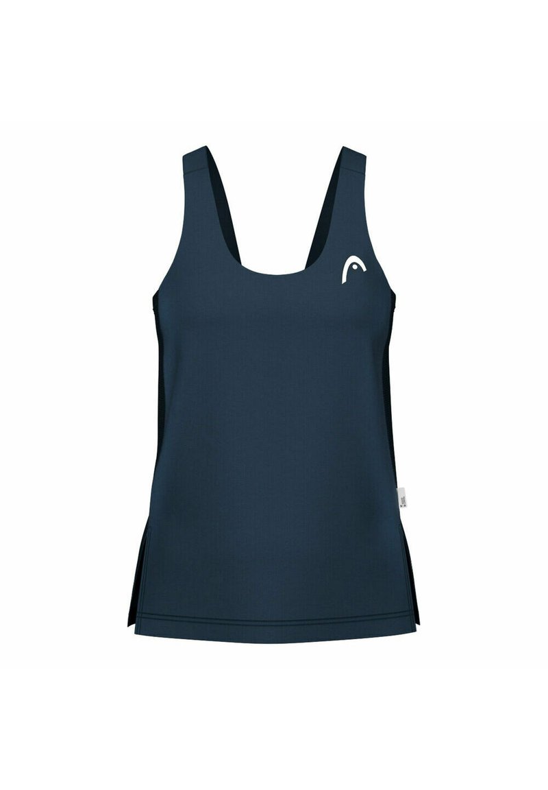 Top atletico senza maniche di colore blu navy con scollo tondo, piccolo logo bianco sul petto e spacchi laterali all'orlo.