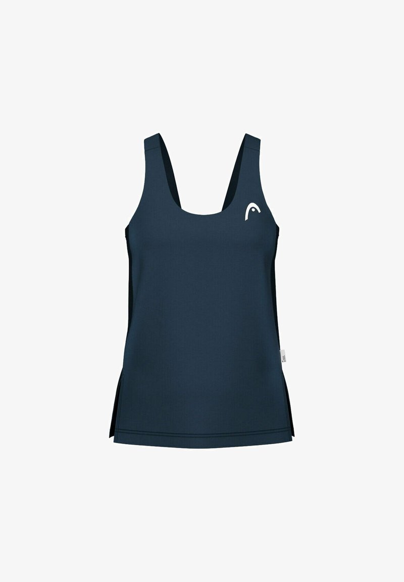 Top atletico senza maniche di colore blu navy con scollo tondo, piccolo logo bianco sul petto e spacchi laterali all'orlo.