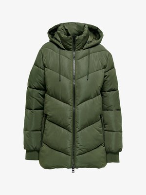 Zöld párnázott dzseki halszálka mintával, kapucnival és elülső cipzárral. Állítható húzózsinórokkal és bordázott mandzsettával rendelkezik. Sima, fényes anyagból.