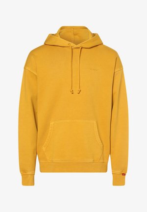 Sweat à capuche Levi's moutarde avec poche avant, capuche à cordon et petit logo brodé sur la poitrine et le poignet.