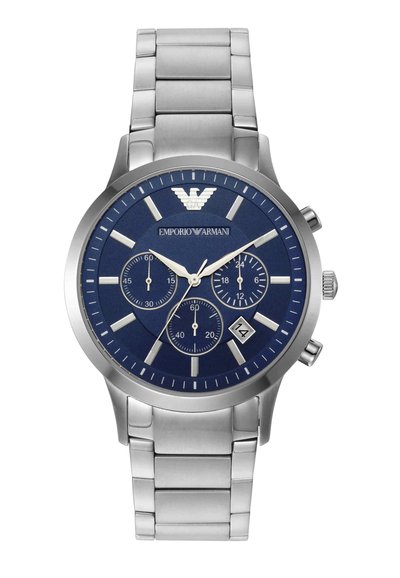 Orologio da polso in metallo color argento con quadrante blu, tre sottoquadranti per secondi, minuti, ora 24 e una finestra per la data alle ore 4.