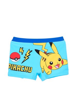 Hellblaue Kinder-Badehose mit Pikachu, einem Pokéball, gelben Blitzen und dem Schriftzug "PIKACHU" und einem blauen Bund.