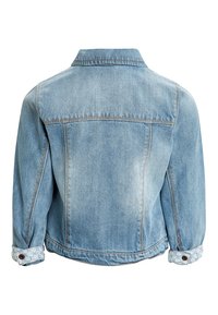 Helleblaue Jeansjacke, standardmäßige Passform, mit spitzem Kragen, knöpfbaren Manschetten und einer verblassten Textur mit sichtbaren Nähten.