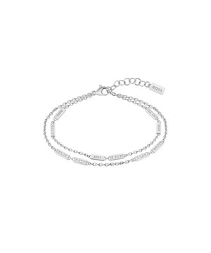 Silver double-strand bracelet featuring oval links and rectangular tags with "BOSS" engraving, adorned with clear crystals for detail.