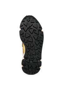 Suola di scarpa in gomma nera con motivo a tassello triangolare, con un bordo beige chiaro. Progettata per offrire aderenza e durata su varie superfici.