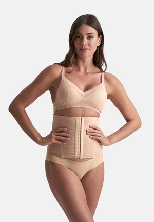 Lichaamskleurige shapewear-bodice met gestructureerd ontwerp, verstelbare bandjes en sluiting met haak aan de voorkant. Glad materiaal en aansluitende vorm.