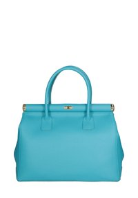 Turquoise leren handtas met een gestructureerde vorm, twee bovenhandvatten en een gouden hardwareaccent. Gladde textuur zonder zichtbare patronen.