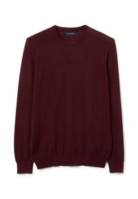 Maglione bordeaux a girocollo con maniche lunghe, polsini e orlo a coste, realizzato in morbido tessuto knit. Etichetta visibile sul collo.