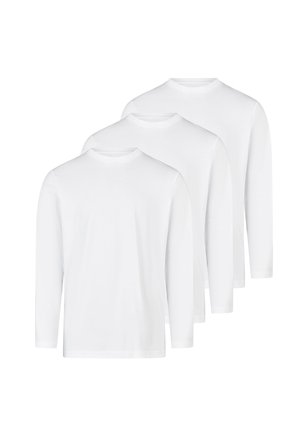Drei weiße Langarm-Shirts mit Rundhalsausschnitt, gestapelt und von vorne gezeigt, mit schlichtem Design ohne sichtbare Logos oder Muster.