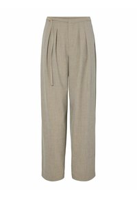 Pantaloni beige a gamba larga in tessuto strutturato con vita alta, pieghe e dettaglio laterale con fiocco e accento circolare.