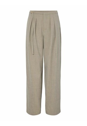 Pantaloni beige a gamba larga in tessuto strutturato con vita alta, pieghe e dettaglio laterale con fiocco e accento circolare.