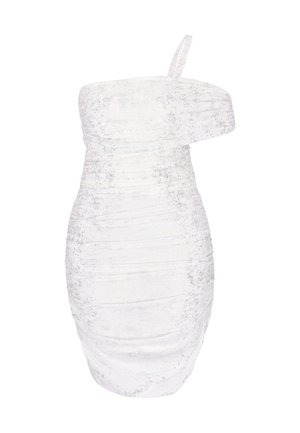 Weißes Körperbetontes Kleid mit silbernem Glitzer, einem Schulterriemen und gerafften Details im gesamten Stoff.