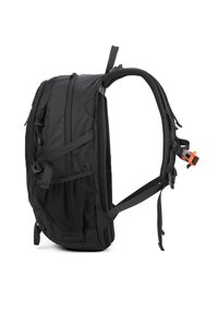 Zaino nero con un design elegante ed ergonomico, caratterizzato da spallacci imbottiti, numerosi scomparti, un pannello posteriore in rete e dettagli in colore arancione.