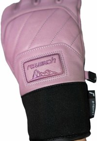 Rosa Skihandschuh aus Leder mit schwarzem Stoffbündchen, versehen mit diagonaler Steppung und einem gestickten Logo-Patch im Bergdesign.