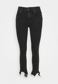 Jean en denim noir à taille haute, coupe ajustée et ourlets effilochés. Caractéristiques : légère décoloration subtile et conception à cinq poches, fabriqué en tissu mélangé de coton.