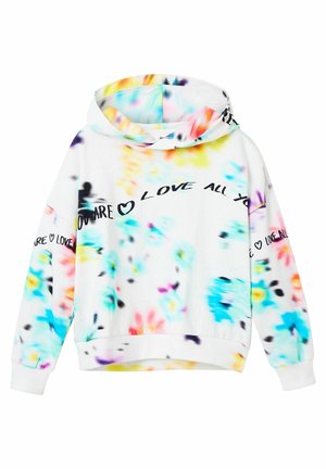 Sweat à capuche blanc arborant un motif tie-dye coloré avec des accents bleus, roses et jaunes. Le texte noir indique "VOUS ÊTES TOUT L'AMOUR".