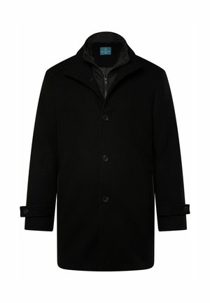 Cappotto nero con colletto, bottoni frontali e tasche laterali. Presenta una fodera interna trapuntata e polsini con bottoni, realizzato in un tessuto liscio.